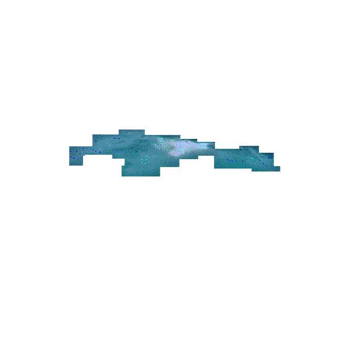 A humpback whale breaching, cut out against a white field, in pixelated blues and greys — the splash spreading until it floods the frame.