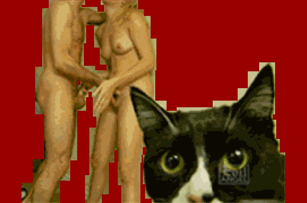 Two nude figures flattened to bands of yellow-tan, overlapped by the head of a black and white cat.