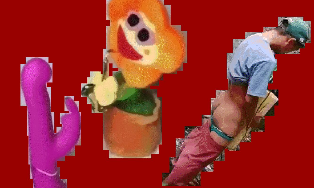 A magenta vibrator, a cartoon flower with a grinning face, and a figure in a blue t-shirt bent over with their trousers pulled down, cut out side by side.