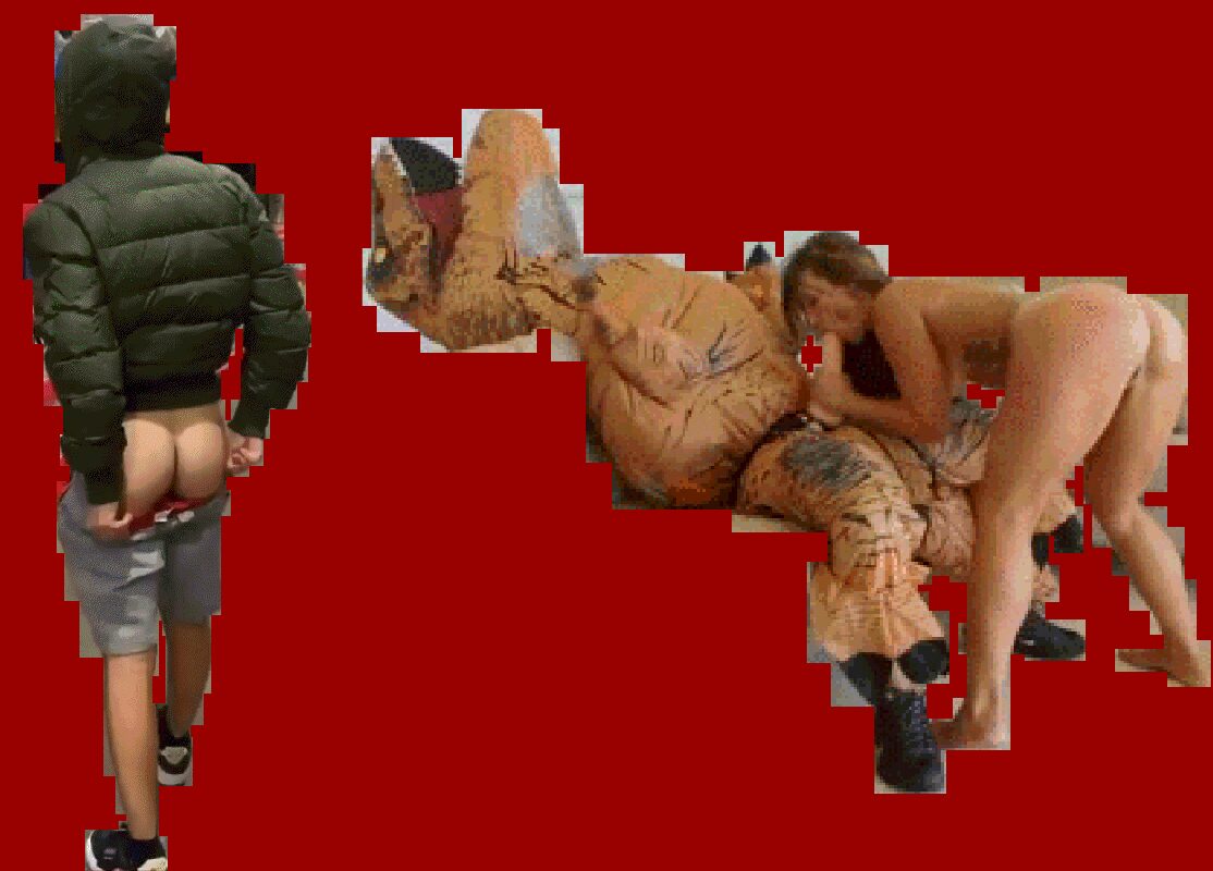 A figure in a green puffer coat seen from behind with their shorts down, beside cut-outs of a couple having sex and a body in a tan suit.