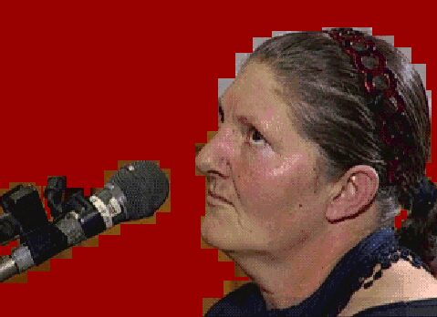 A woman in a patterned headscarf in profile, facing a cluster of press microphones.