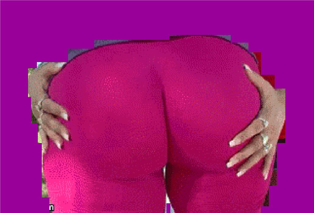 Buttocks in bright pink leggings held by two manicured hands, on a flat magenta ground.
